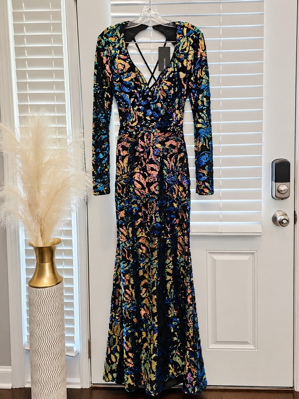 Fashion Nova Black Long-Sleeve Sequin V-Neck Gown - Multicolor Sparkle